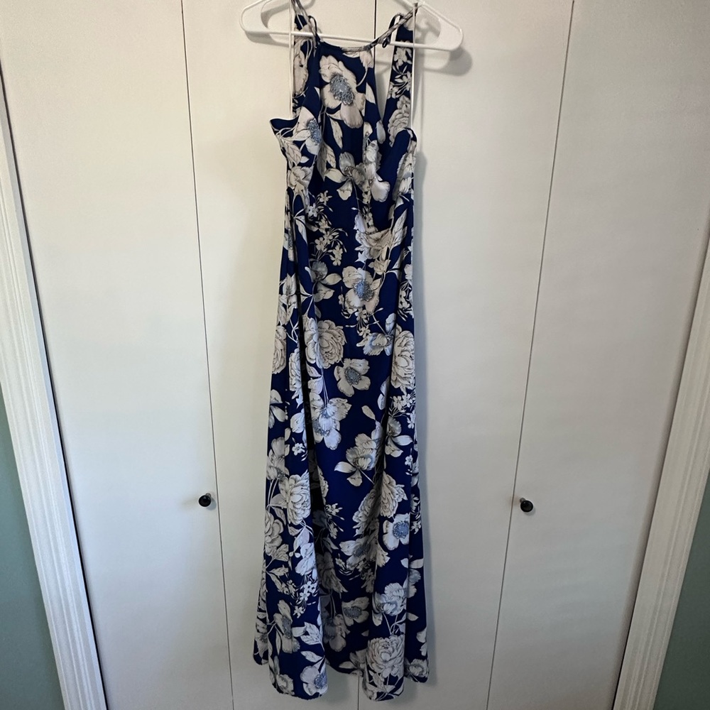 Long blue high neck floral dress